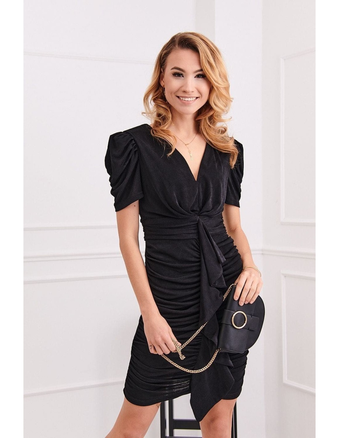 Fitted dress with draping, black 5343 - Online store - Boutique